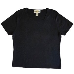 Hampshire Studio Top Size L Petite‎ Black Cotton Ribbed Knit Square Neck Classic
